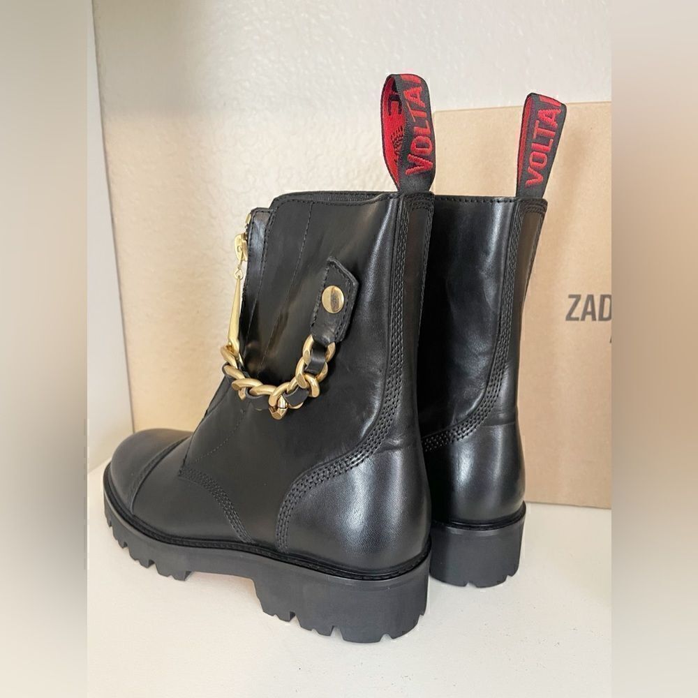 Zadig & Voltaire Joe Cecilia leather combat moto boots with gold chain New - Picture 10 of 16